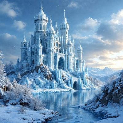 Primary subject: A large, snow-covered castle with a frozen moat.

Setting/background: The castle is situated in a snowy landscape, with a frozen moat surrounding it.

Visual style: The image is a digital art or illustration, featuring a detailed and intricate castle design.

Colors and mood: The dominant colors are white and blue, with the white snow and blue water creating a serene and icy atmosphere.